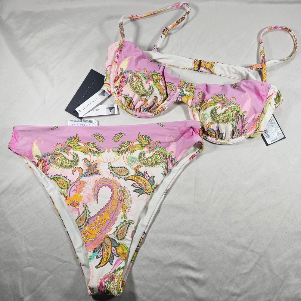 Gianni Bini L Large Paisley Pink 2 pc Swim Bikini Demi Underwire Cheeky NWT 1636